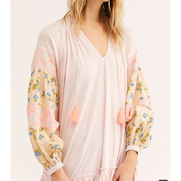 FREE PEOPLE PINK FLORAL BOHO PEASANT MINI DRESS - Picture 2 of 13